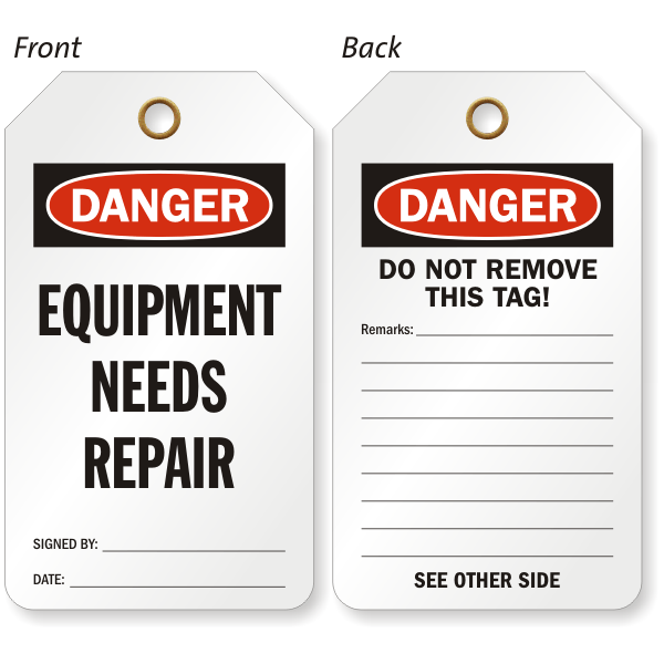 tagです Danger Equipment Needs Repair 2-Sided Tag, SKU: TG-0550