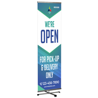 We're Open For Pick Up & Delivery Vertical Banner and Banner Stand Kit