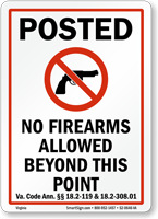Virginia Firearms And Weapons Law Sign