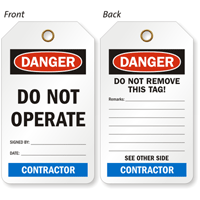 Contractor Do Not Operate OSHA Danger 2-Sided Tag