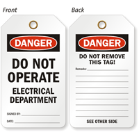 Danger Do Not Operate Electrical Equipment Tag