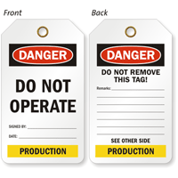 Production Do Not Operate 2 Sided Color Code Department Tag