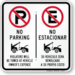 No Parking Violators Towed Owners Expense Bilingual Sign